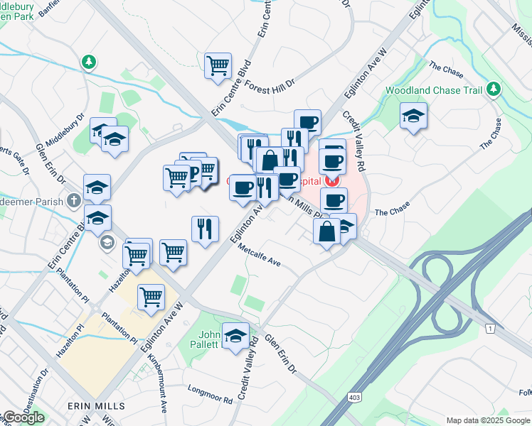 map of restaurants, bars, coffee shops, grocery stores, and more near 2550 Eglinton Avenue West in Mississauga