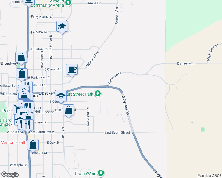 map of restaurants, bars, coffee shops, grocery stores, and more near 840 East Court Street in Viroqua