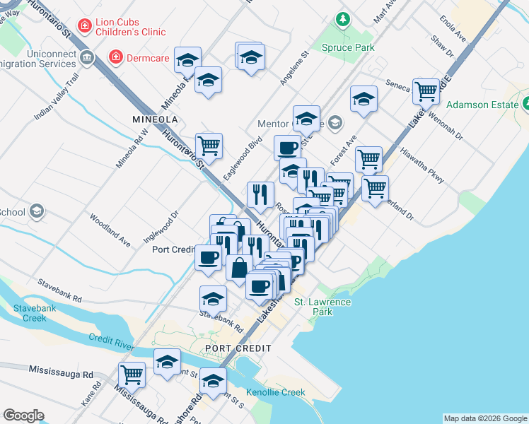 map of restaurants, bars, coffee shops, grocery stores, and more near 60 Rosewood Avenue in Mississauga