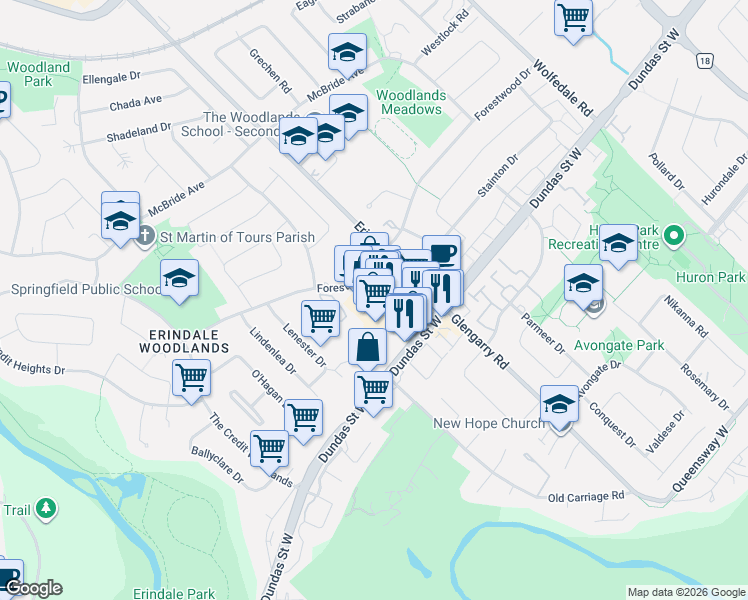 map of restaurants, bars, coffee shops, grocery stores, and more near 1151 Dundas Street West in Mississauga