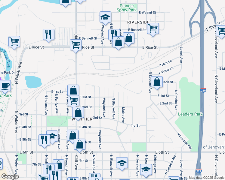 map of restaurants, bars, coffee shops, grocery stores, and more near 923 North Blauvelt Avenue in Sioux Falls