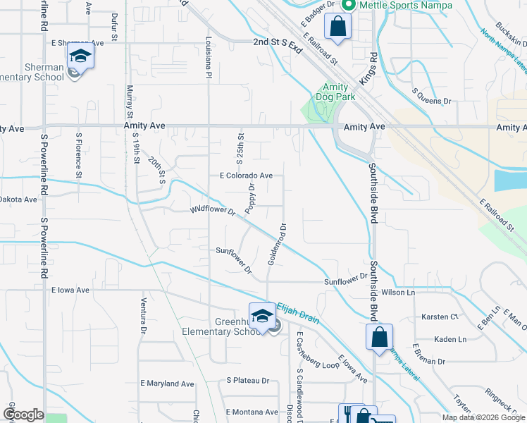 map of restaurants, bars, coffee shops, grocery stores, and more near 2514 Wildflower Drive in Nampa