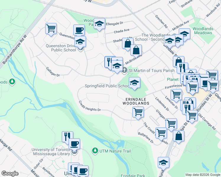 map of restaurants, bars, coffee shops, grocery stores, and more near 3308 The Credit Woodlands in Mississauga