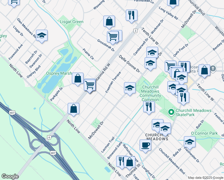 map of restaurants, bars, coffee shops, grocery stores, and more near 5910 Agean Drive in Mississauga