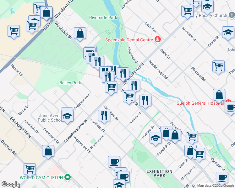 map of restaurants, bars, coffee shops, grocery stores, and more near 6 Oakwood Avenue in Guelph