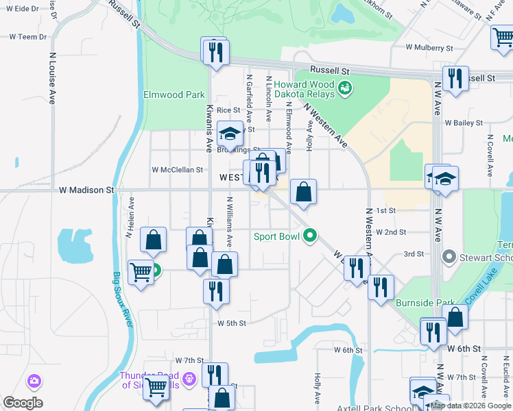 map of restaurants, bars, coffee shops, grocery stores, and more near 809 North Garfield Avenue in Sioux Falls