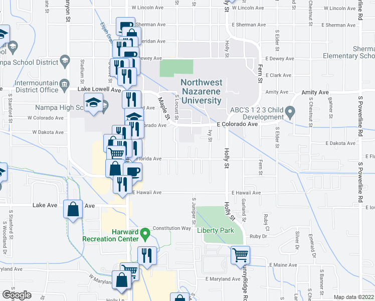 map of restaurants, bars, coffee shops, grocery stores, and more near 1139 South Barberry Place in Nampa