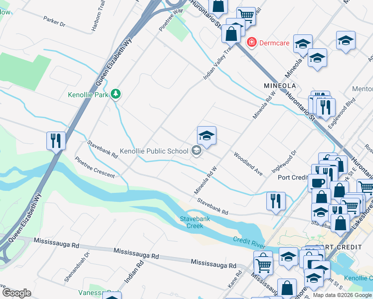 map of restaurants, bars, coffee shops, grocery stores, and more near 1412 Glenwood Drive in Mississauga