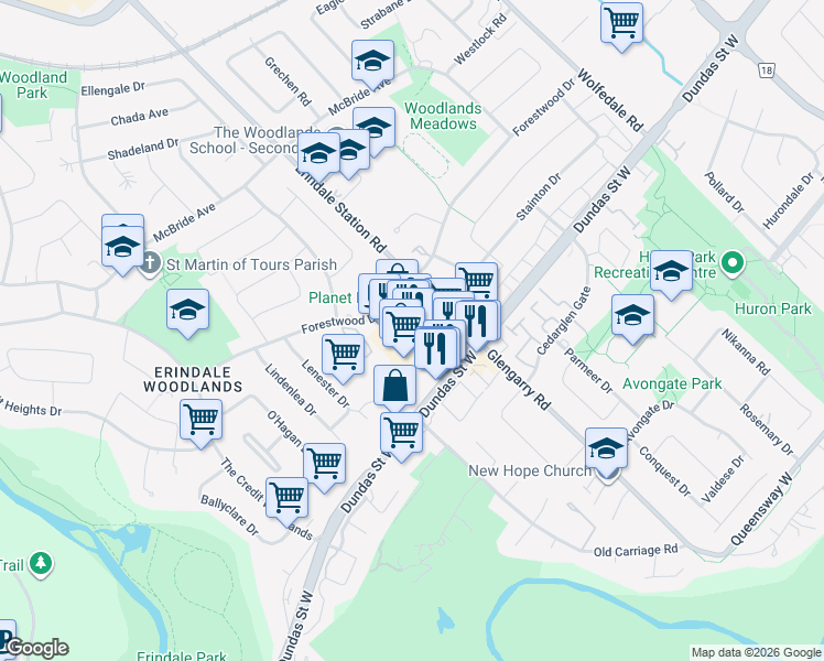 map of restaurants, bars, coffee shops, grocery stores, and more near 1131 Dundas Street West in Mississauga