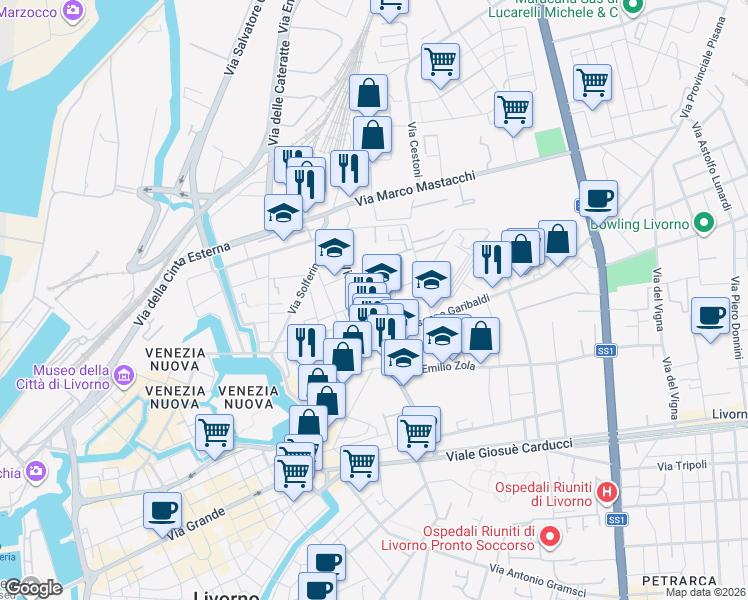 map of restaurants, bars, coffee shops, grocery stores, and more near 62 Via Palestro in Livorno