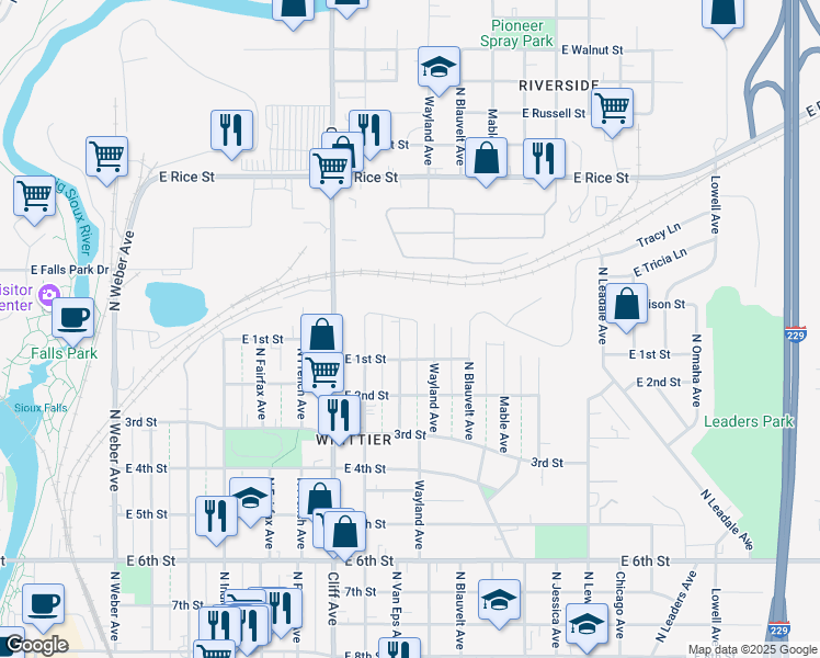 map of restaurants, bars, coffee shops, grocery stores, and more near 925 North Wayland Avenue in Sioux Falls