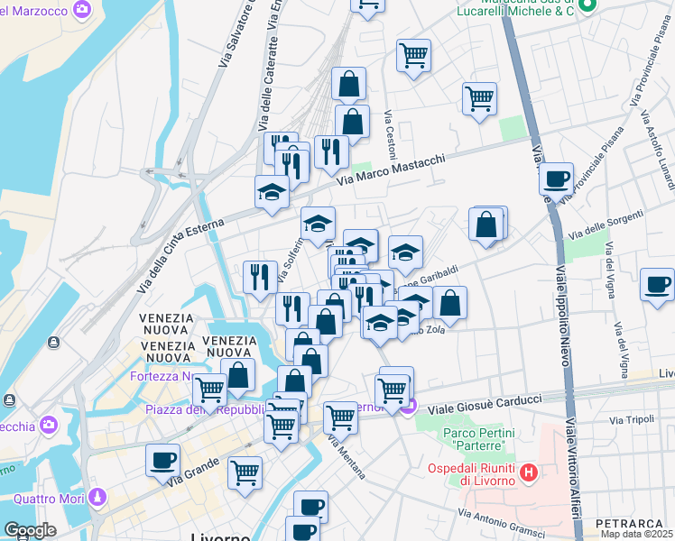 map of restaurants, bars, coffee shops, grocery stores, and more near 4 Via Santelli in Livorno
