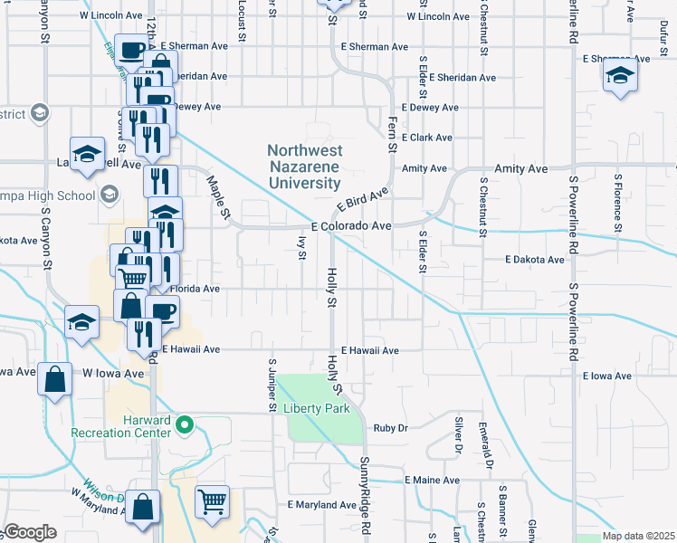 map of restaurants, bars, coffee shops, grocery stores, and more near 1101 South Garland Street in Nampa