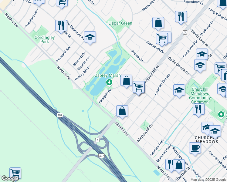 map of restaurants, bars, coffee shops, grocery stores, and more near 3893 Parkgate Drive in Mississauga