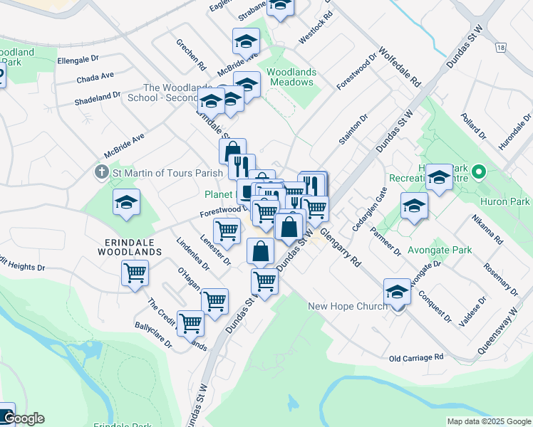 map of restaurants, bars, coffee shops, grocery stores, and more near in Mississauga