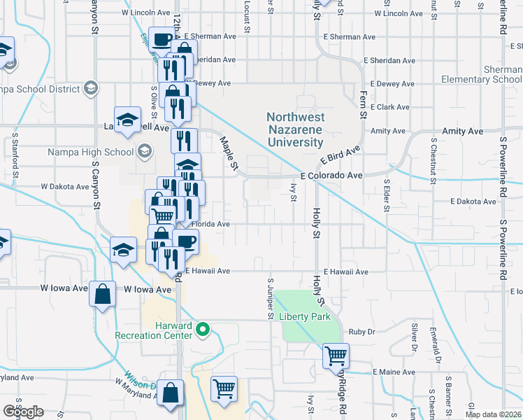 map of restaurants, bars, coffee shops, grocery stores, and more near 1131 South Barberry Place in Nampa