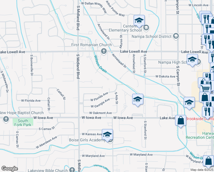 map of restaurants, bars, coffee shops, grocery stores, and more near 1203 Florida Place in Nampa