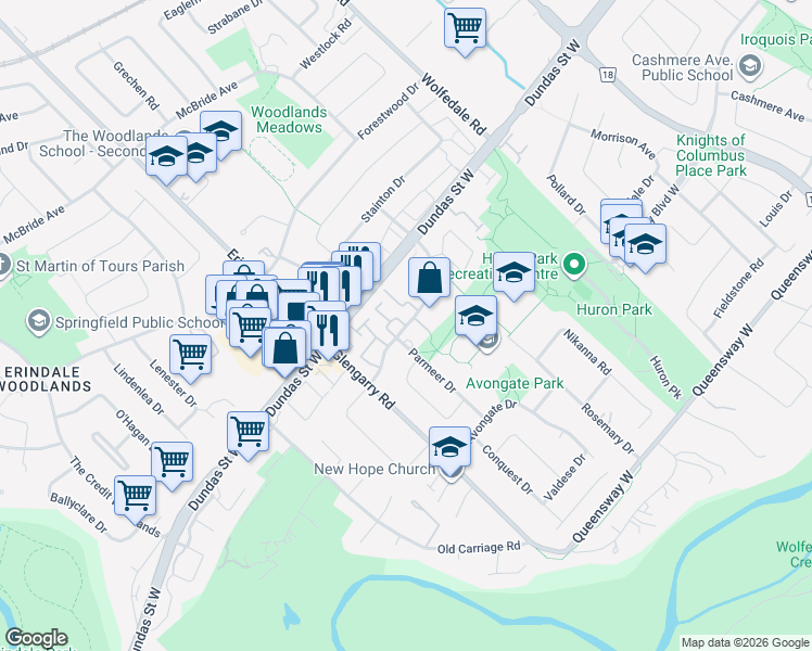 map of restaurants, bars, coffee shops, grocery stores, and more near Cedarglen Gate in Mississauga