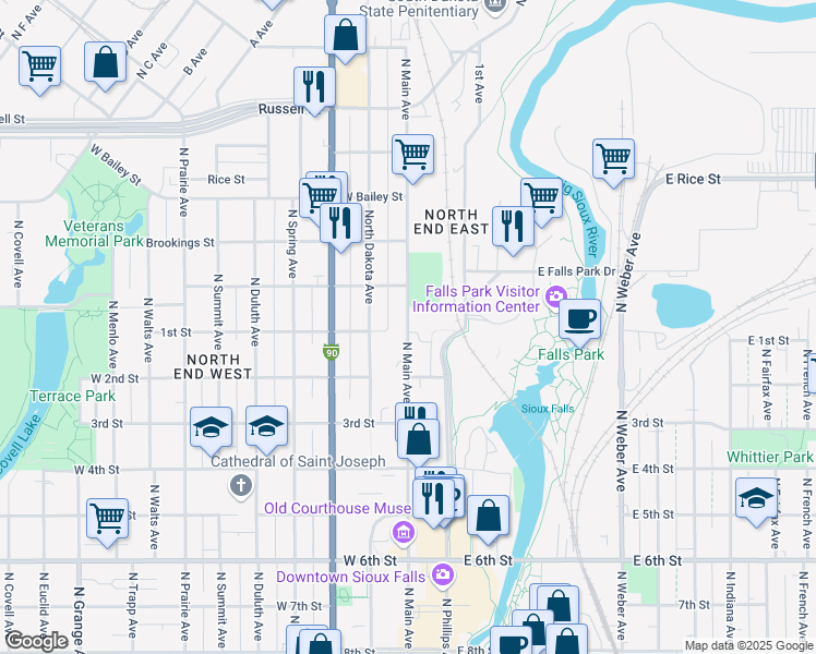 map of restaurants, bars, coffee shops, grocery stores, and more near 910 North Main Avenue in Sioux Falls