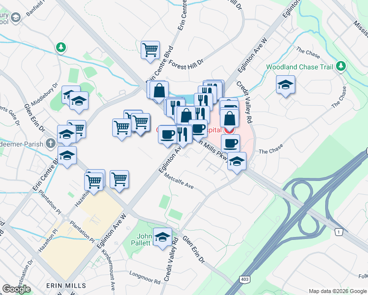 map of restaurants, bars, coffee shops, grocery stores, and more near 2550 Eglinton Avenue West in Mississauga