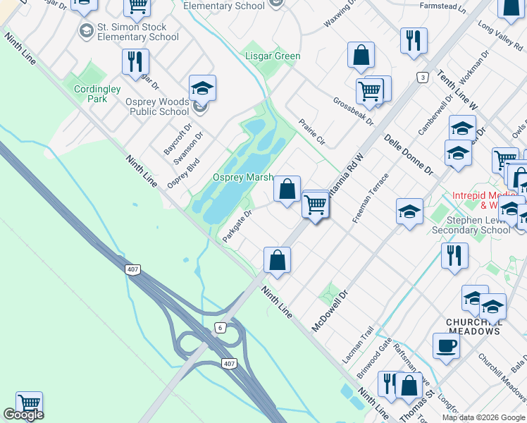 map of restaurants, bars, coffee shops, grocery stores, and more near 3898 Parkgate Drive in Mississauga