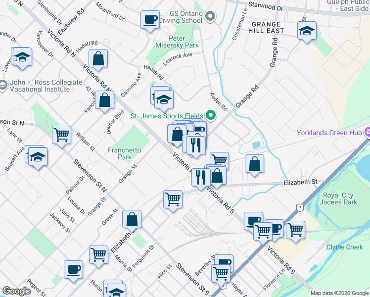 map of restaurants, bars, coffee shops, grocery stores, and more near 252 Grange Road in Guelph