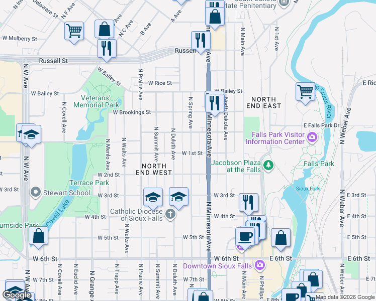 map of restaurants, bars, coffee shops, grocery stores, and more near 925 North Spring Avenue in Sioux Falls