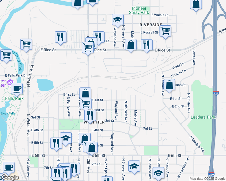 map of restaurants, bars, coffee shops, grocery stores, and more near 925 North Wayland Avenue in Sioux Falls