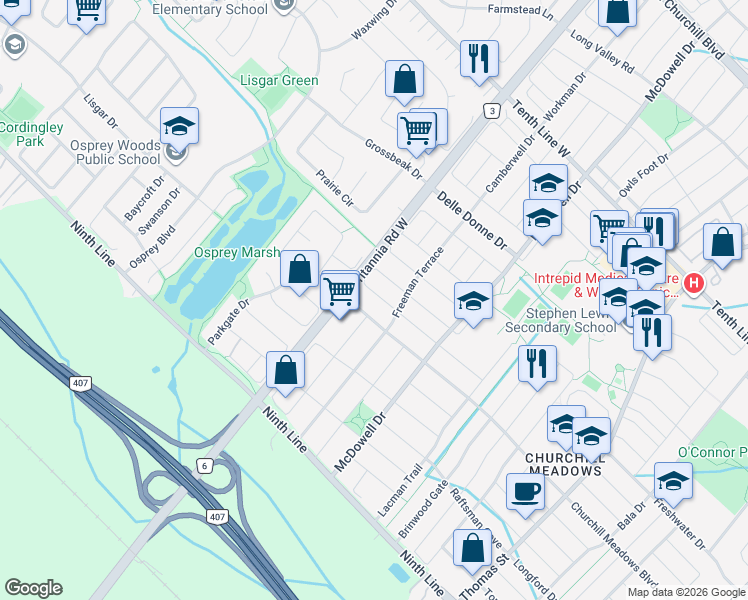map of restaurants, bars, coffee shops, grocery stores, and more near 5969 Manzanillo Crescent in Mississauga