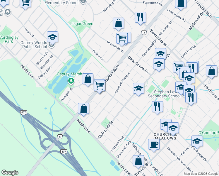map of restaurants, bars, coffee shops, grocery stores, and more near 5969 Manzanillo Crescent in Mississauga