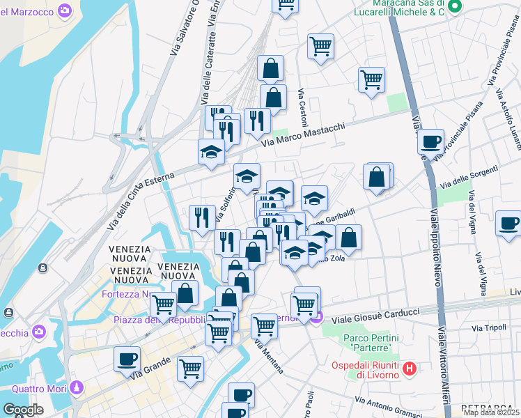map of restaurants, bars, coffee shops, grocery stores, and more near 3-4 Via Santelli in Livorno