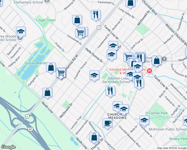 map of restaurants, bars, coffee shops, grocery stores, and more near 3409 McDowell Drive in Mississauga