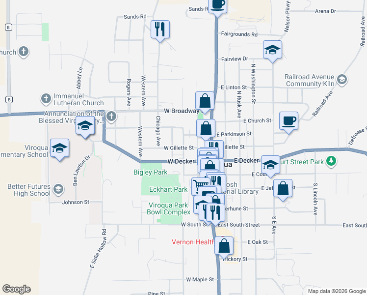map of restaurants, bars, coffee shops, grocery stores, and more near North Dunlap Avenue in Viroqua