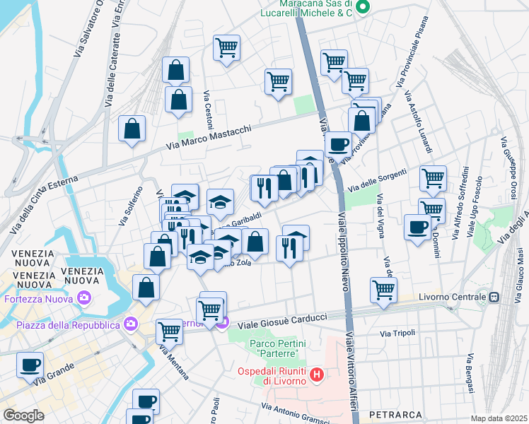 map of restaurants, bars, coffee shops, grocery stores, and more near 353 Via Giuseppe Garibaldi in Livorno