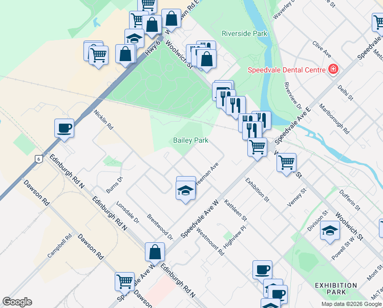 map of restaurants, bars, coffee shops, grocery stores, and more near in Guelph