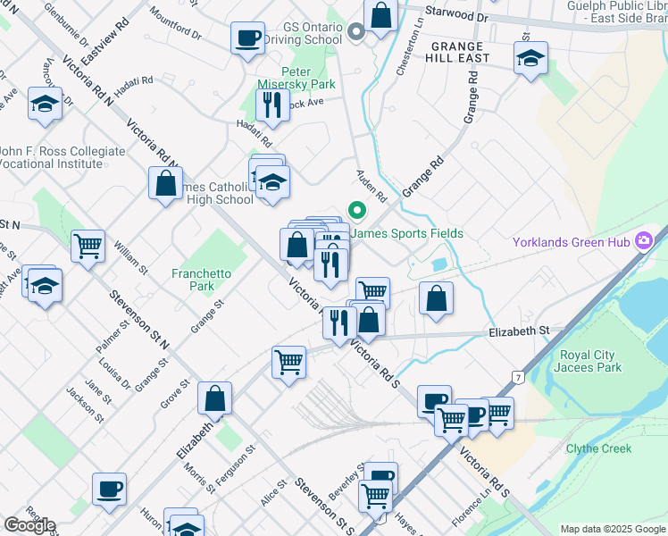 map of restaurants, bars, coffee shops, grocery stores, and more near 259 Grange Road in Guelph
