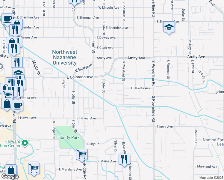 map of restaurants, bars, coffee shops, grocery stores, and more near 1023 East Connecticut Avenue in Nampa