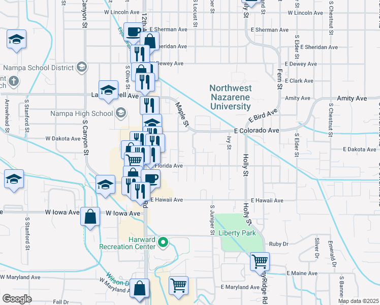 map of restaurants, bars, coffee shops, grocery stores, and more near 1016 Maple Street in Nampa
