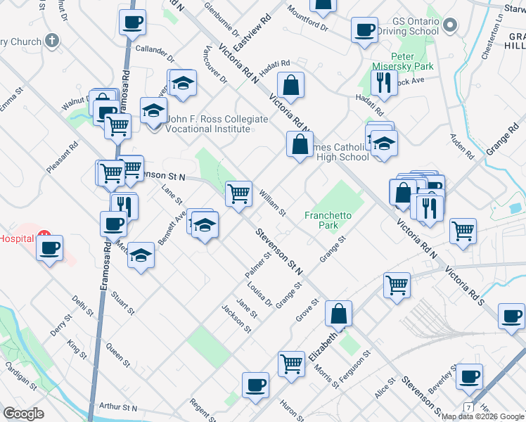 map of restaurants, bars, coffee shops, grocery stores, and more near 77 William Street in Guelph