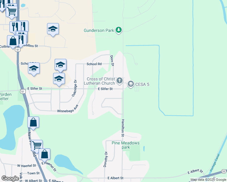 map of restaurants, bars, coffee shops, grocery stores, and more near 585 East Slifer Street in Portage