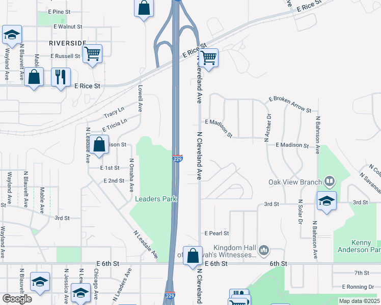map of restaurants, bars, coffee shops, grocery stores, and more near 1300 North Cleveland Avenue in Sioux Falls