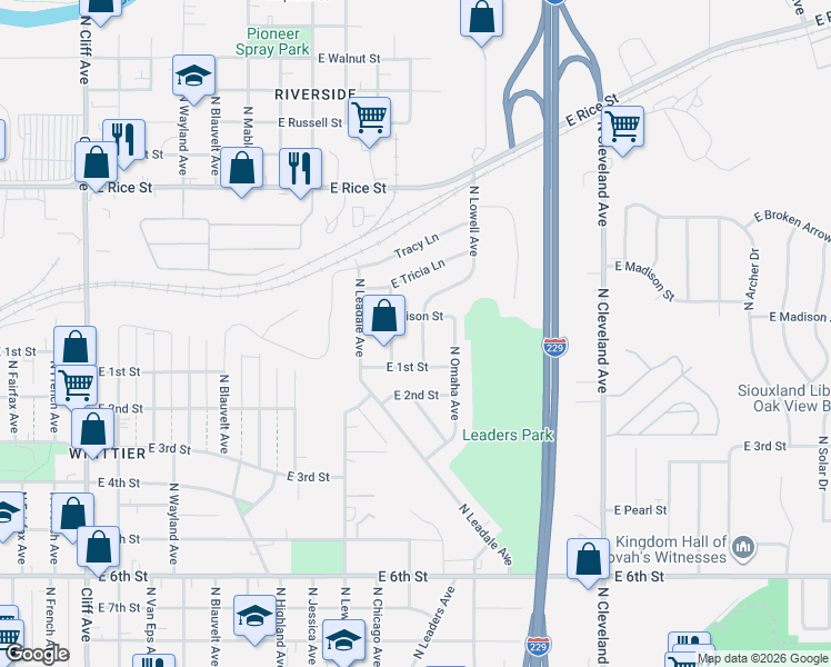 map of restaurants, bars, coffee shops, grocery stores, and more near 2104 East Madison Street in Sioux Falls