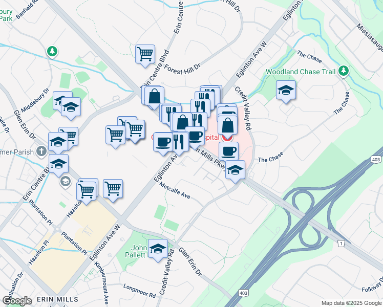 map of restaurants, bars, coffee shops, grocery stores, and more near 4532 Erin Mills Parkway in Mississauga