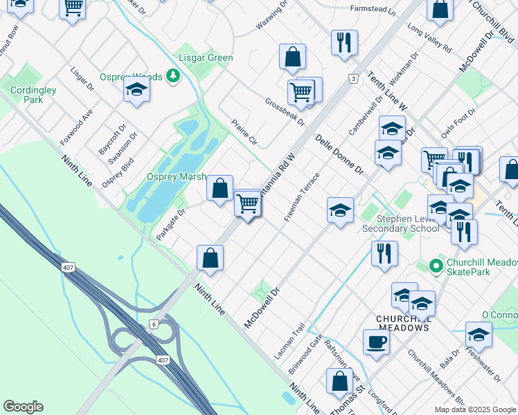 map of restaurants, bars, coffee shops, grocery stores, and more near 5989 Churchill Meadows Boulevard in Mississauga