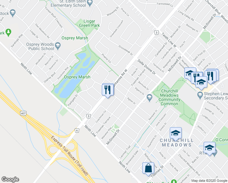 map of restaurants, bars, coffee shops, grocery stores, and more near 5985 Churchill Meadows Boulevard in Mississauga