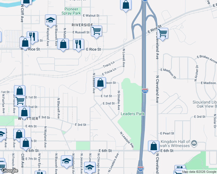map of restaurants, bars, coffee shops, grocery stores, and more near 2104 East Madison Street in Sioux Falls