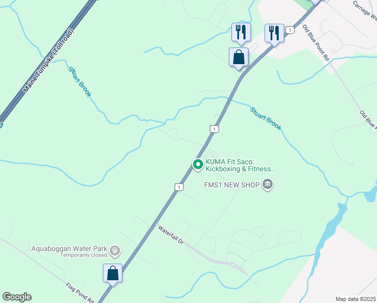 map of restaurants, bars, coffee shops, grocery stores, and more near 1030 Portland Road in Saco
