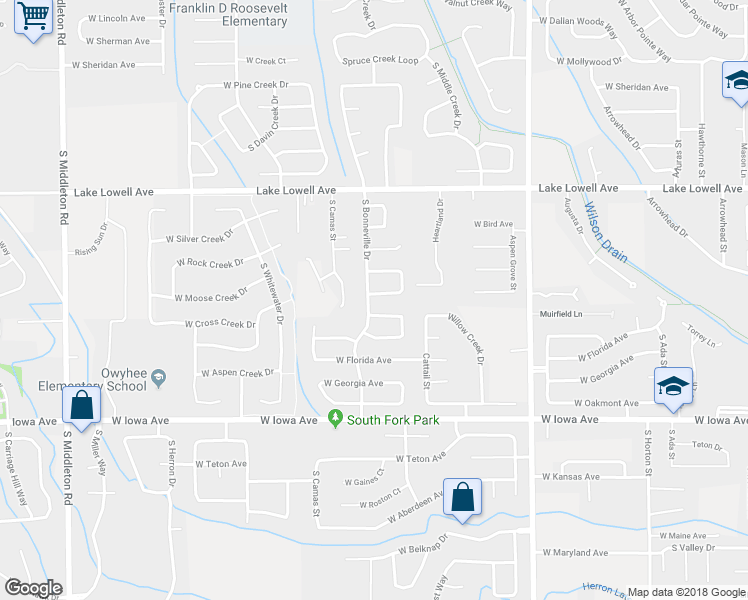 map of restaurants, bars, coffee shops, grocery stores, and more near 1110 South Bonneville Drive in Nampa