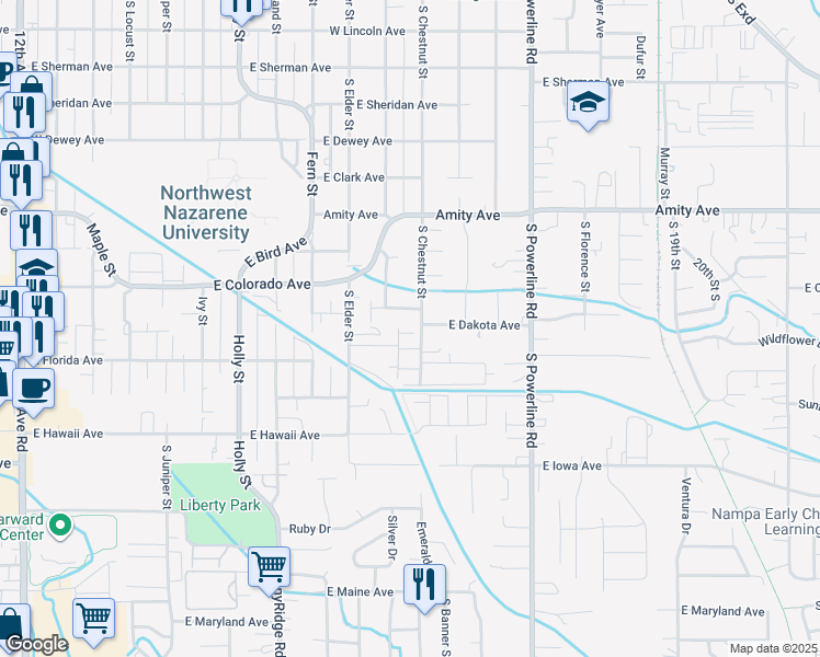 map of restaurants, bars, coffee shops, grocery stores, and more near 1125 East Connecticut Avenue in Nampa