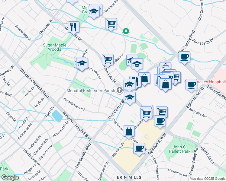 map of restaurants, bars, coffee shops, grocery stores, and more near 5287 Ruperts Gate Drive in Mississauga